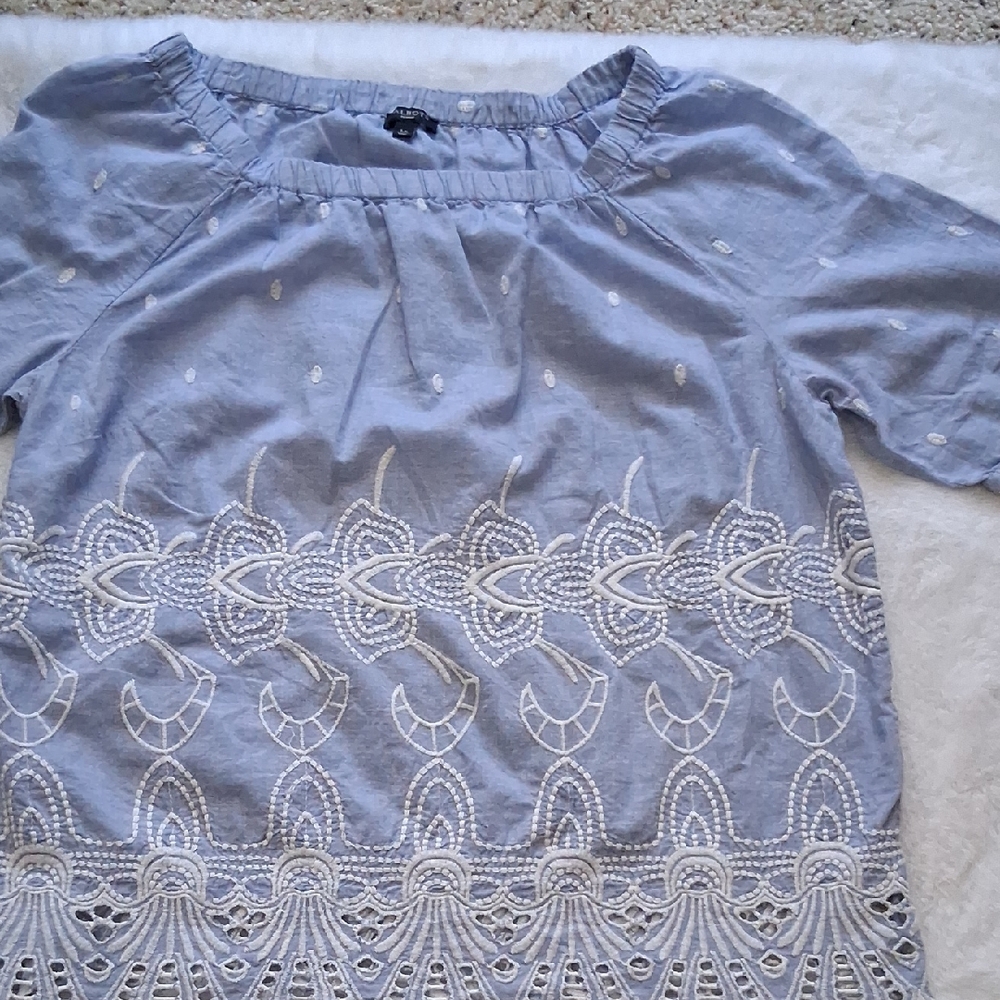 Talbots Light Blue Blouse with White Embroidery